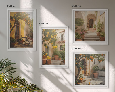 Conjunto de 4 quadros com moldura Pátio com árvores cítricas