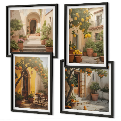 Conjunto de 4 quadros com moldura Pátio com árvores cítricas