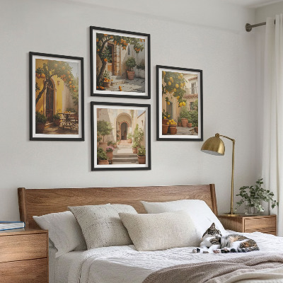 Conjunto de 4 quadros com moldura Pátio com árvores cítricas