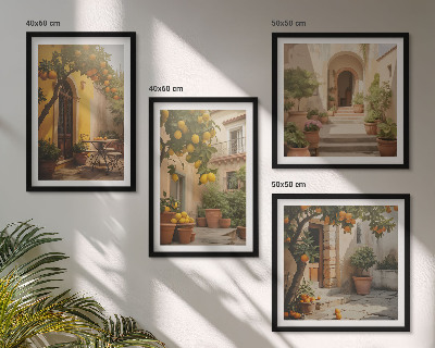 Conjunto de 4 quadros com moldura Pátio com árvores cítricas