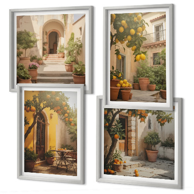 Conjunto de 4 quadros com moldura Pátio com árvores cítricas