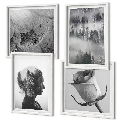 Conjunto de 4 quadros com moldura Retrato de uma mulher na névoa da floresta