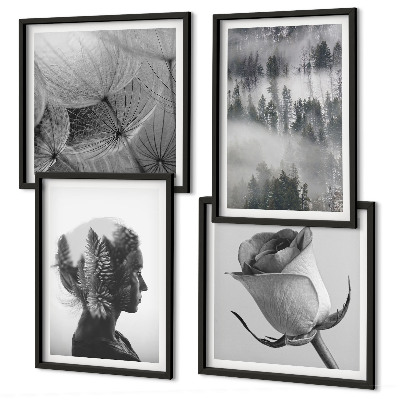 Conjunto de 4 quadros com moldura Retrato de uma mulher na névoa da floresta