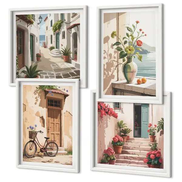 Conjunto de 4 quadros com moldura estampa de ruas com flores e bicicleta