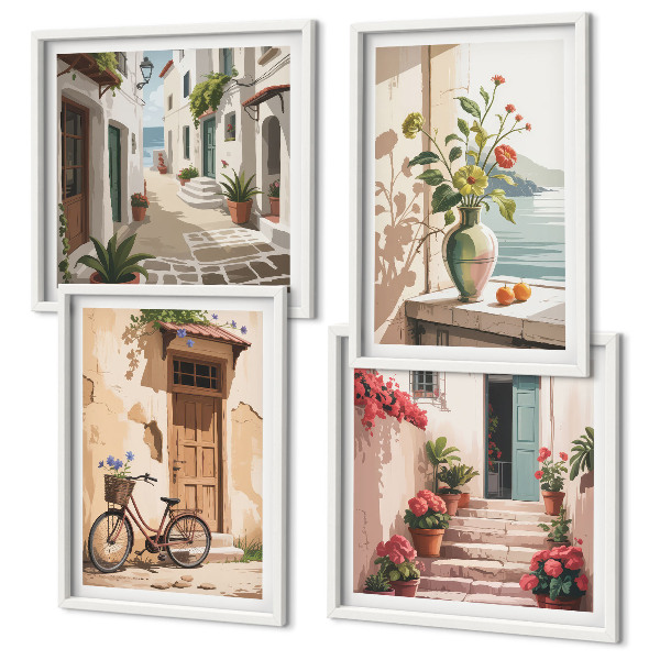Conjunto de 4 quadros com moldura Ruas flores bicicleta pintada