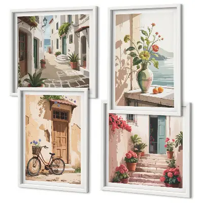 Conjunto de 4 quadros com moldura estampa de ruas com flores e bicicleta