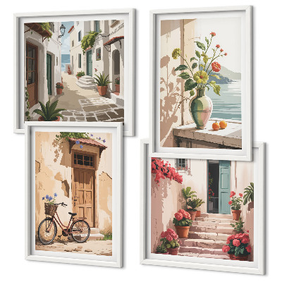 Conjunto de 4 quadros com moldura Ruas flores bicicleta pintada