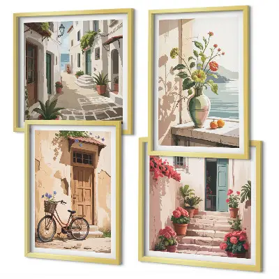 Conjunto de 4 quadros com moldura estampa de ruas com flores e bicicleta