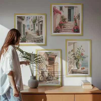 Conjunto de 4 quadros com moldura estampa de ruas com flores e bicicleta