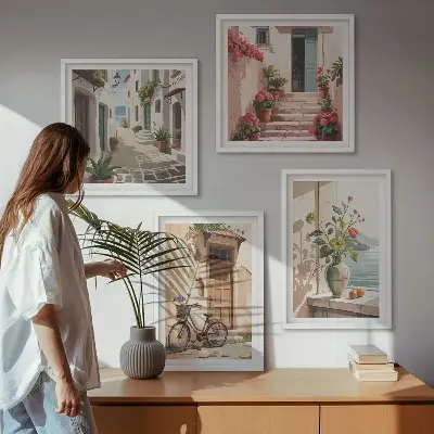 Conjunto de 4 quadros com moldura estampa de ruas com flores e bicicleta