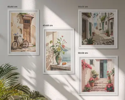 Conjunto de 4 quadros com moldura estampa de ruas com flores e bicicleta