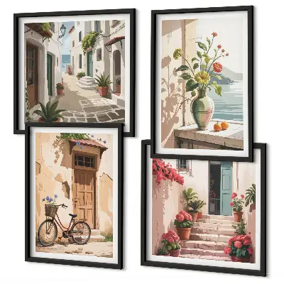 Conjunto de 4 quadros com moldura estampa de ruas com flores e bicicleta