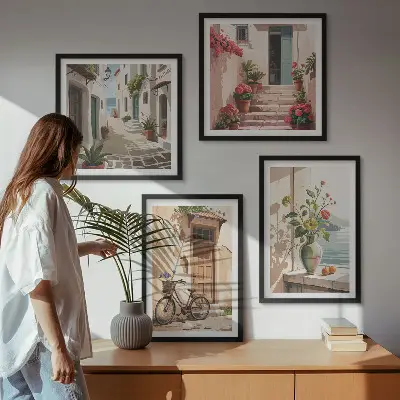 Conjunto de 4 quadros com moldura estampa de ruas com flores e bicicleta