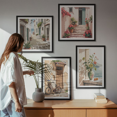 Conjunto de 4 quadros com moldura Ruas flores bicicleta pintada