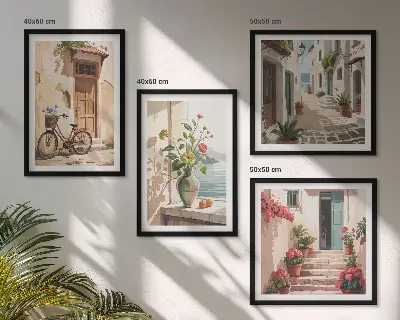 Conjunto de 4 quadros com moldura estampa de ruas com flores e bicicleta