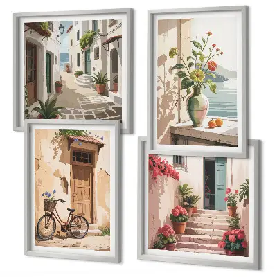 Conjunto de 4 quadros com moldura estampa de ruas com flores e bicicleta