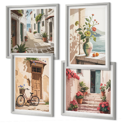Conjunto de 4 quadros com moldura Ruas flores bicicleta pintada