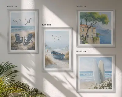 Políptico com moldura estampa de pranchas de surf, barco e pássaros