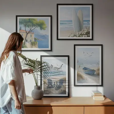 Políptico com moldura estampa de pranchas de surf, barco e pássaros