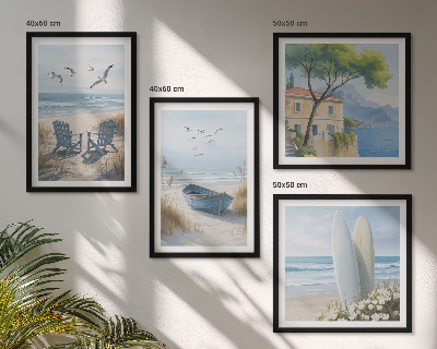 Políptico com moldura pranchas de praia barco de surf pássaros