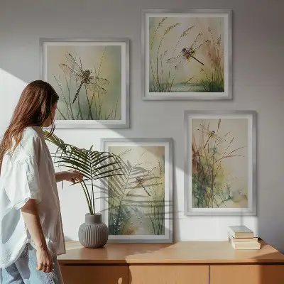 Conjunto de quadros grama e libélula sobre a água