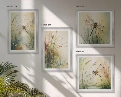Conjunto de quadros grama e libélula sobre a água