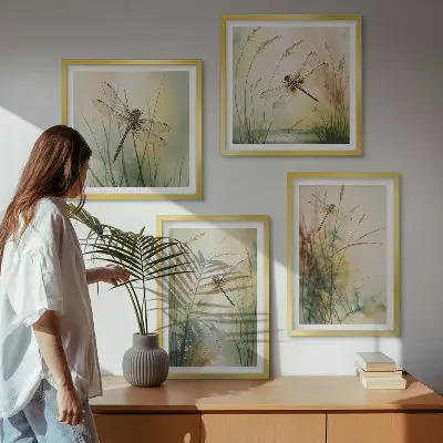 Conjunto de quadros grama e libélula sobre a água