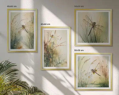 Conjunto de quadros grama e libélula sobre a água