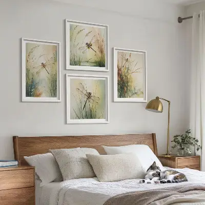 Conjunto de quadros grama e libélula sobre a água