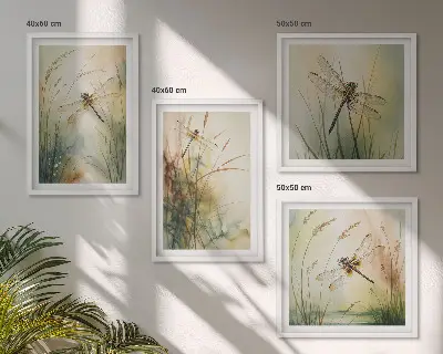 Conjunto de quadros grama e libélula sobre a água