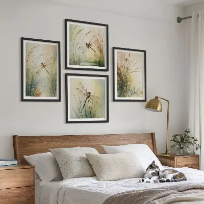 Conjunto de quadros grama e libélula sobre a água