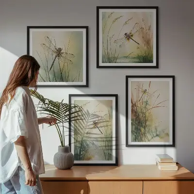 Conjunto de quadros grama e libélula sobre a água