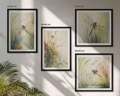 Conjunto de quadros grama e libélula sobre a água