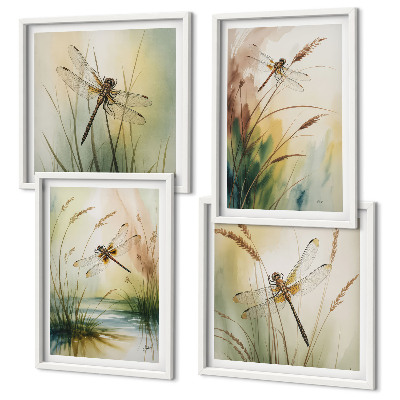 Conjunto de 4 quadros com moldura Pintura de libélulas, grama e água