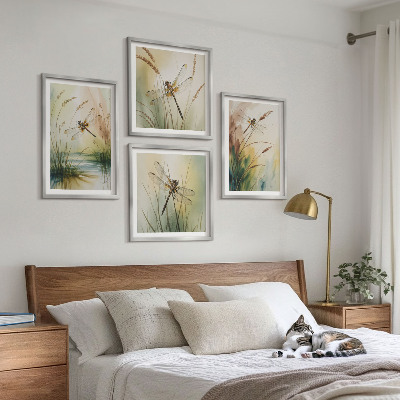 Conjunto de 4 quadros com moldura Pintura de libélulas, grama e água