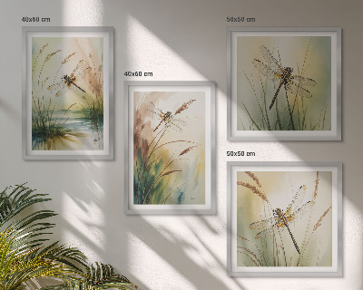 Conjunto de 4 quadros com moldura Pintura de libélulas, grama e água