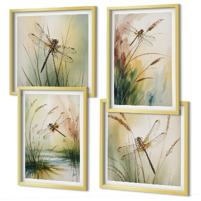 Conjunto de 4 quadros com moldura Pintura de libélulas, grama e água