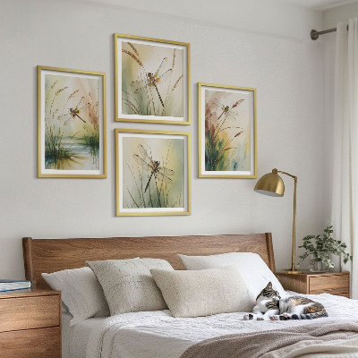 Conjunto de 4 quadros com moldura Pintura de libélulas, grama e água
