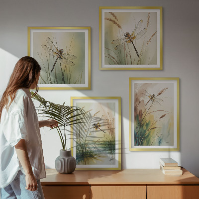 Conjunto de 4 quadros com moldura Pintura de libélulas, grama e água