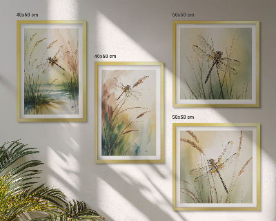 Conjunto de 4 quadros com moldura Pintura de libélulas, grama e água