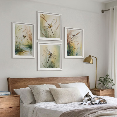 Conjunto de 4 quadros com moldura Pintura de libélulas, grama e água