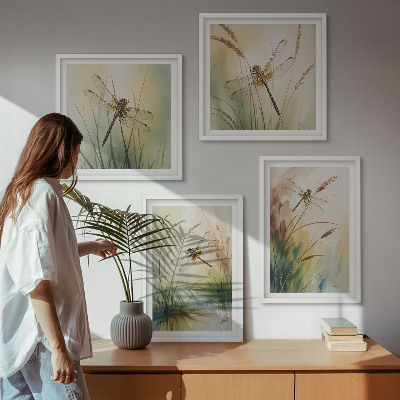 Conjunto de 4 quadros com moldura Pintura de libélulas, grama e água
