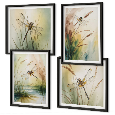 Conjunto de 4 quadros com moldura Pintura de libélulas, grama e água