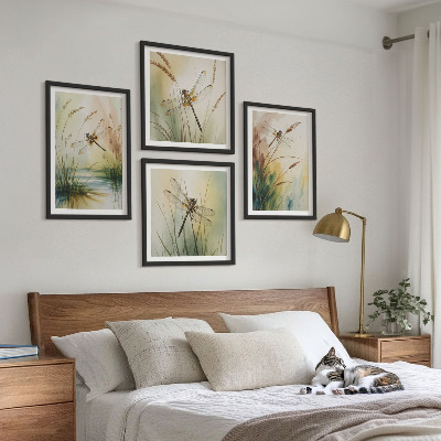 Conjunto de 4 quadros com moldura Pintura de libélulas, grama e água