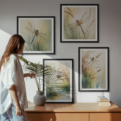 Conjunto de 4 quadros com moldura Pintura de libélulas, grama e água