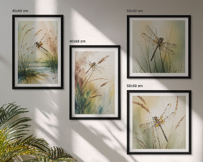 Conjunto de 4 quadros com moldura Pintura de libélulas, grama e água