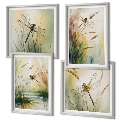 Conjunto de 4 quadros com moldura Pintura de libélulas, grama e água