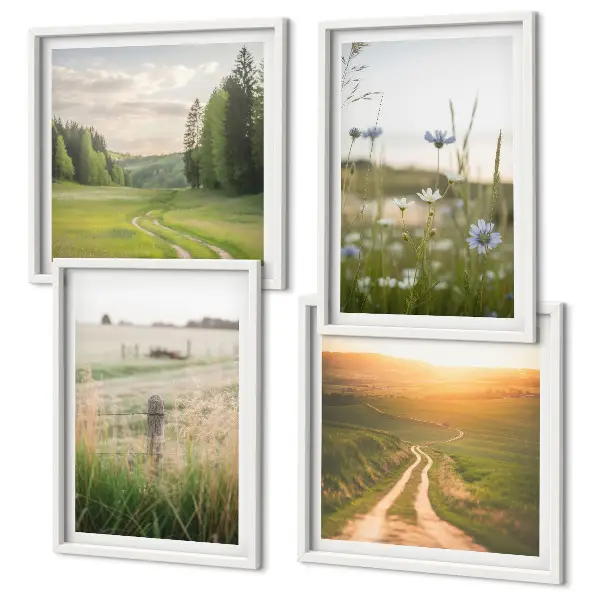 Composição de quadros com paisagens de natureza, campos e sol