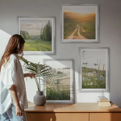 Composição de quadros com paisagens de natureza, campos e sol