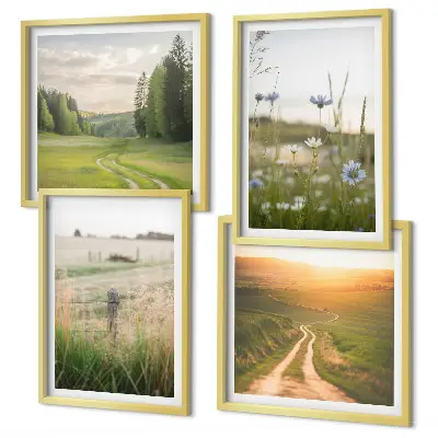 Composição de quadros com paisagens de natureza, campos e sol